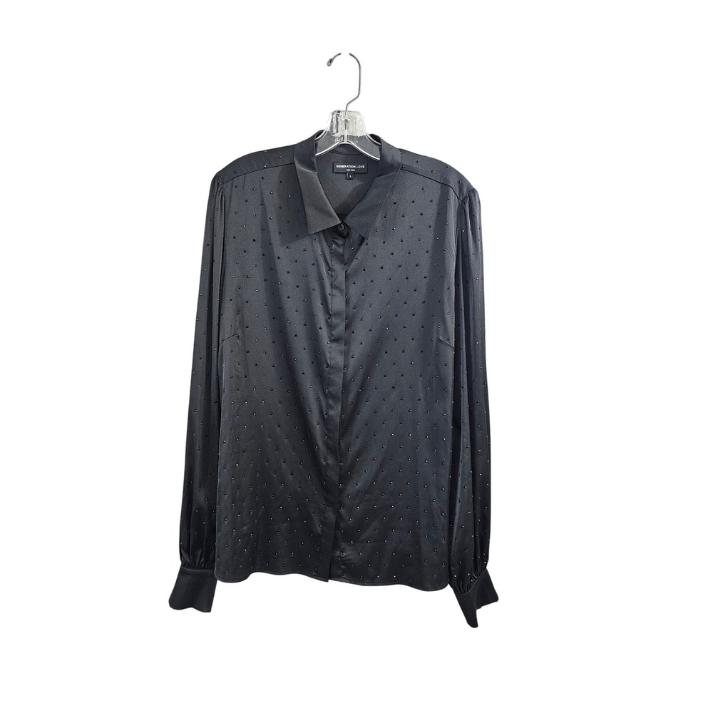 Generation Love Black Rhinestone Satin Button Down Blouse Shirt Womens Large L